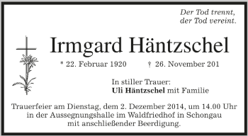 Todesanzeige von Irmgard Häntzschel von Münchener Merkur
